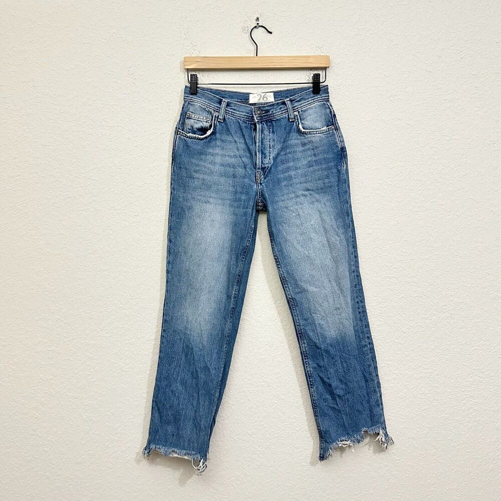 WE THE FREE Maggie Jeans Blue Ankle Chewed Hem Straight Leg Frayed